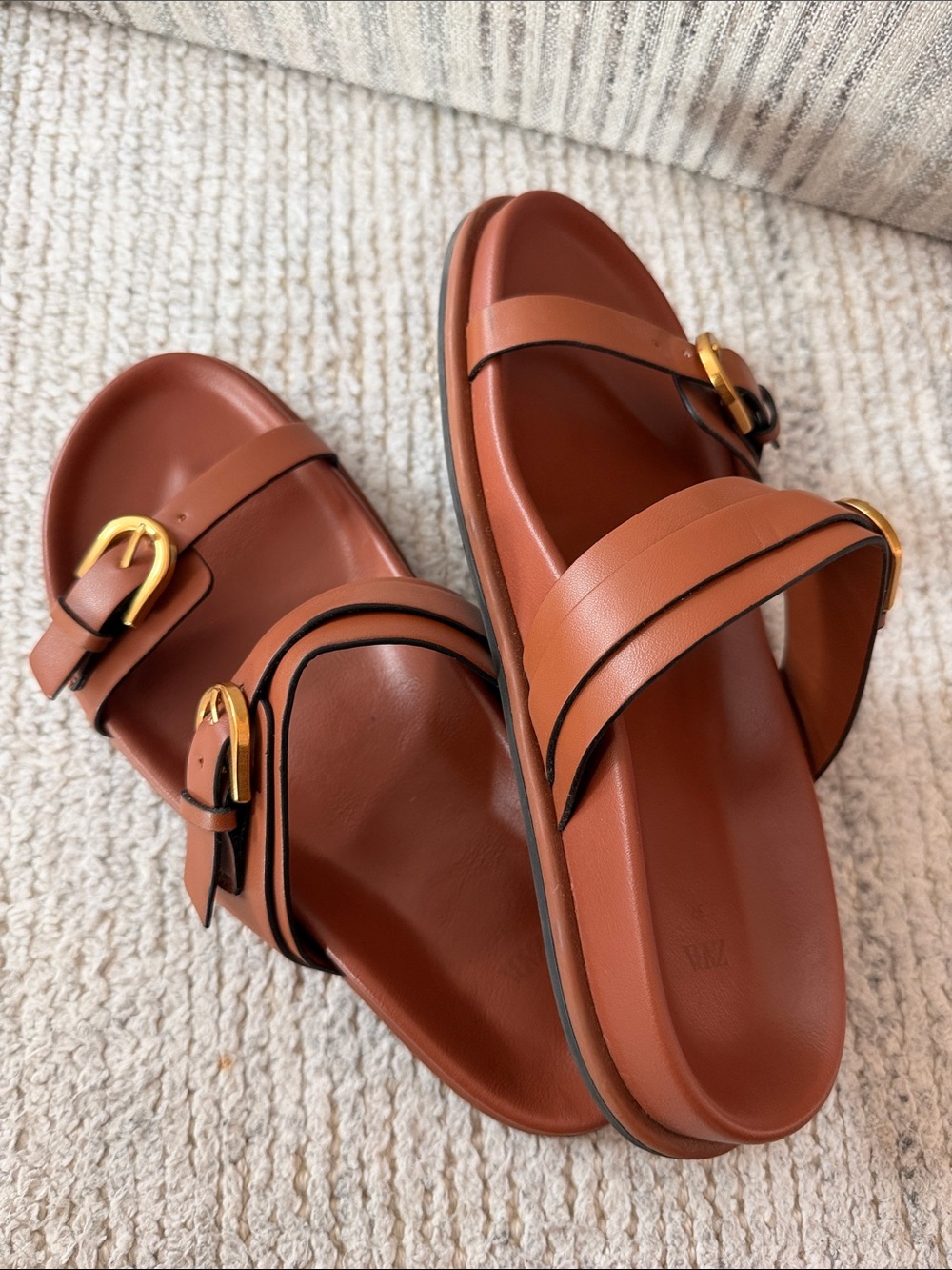 Women’s Zara Brown Leather Slide Sandals with Gold Buckles